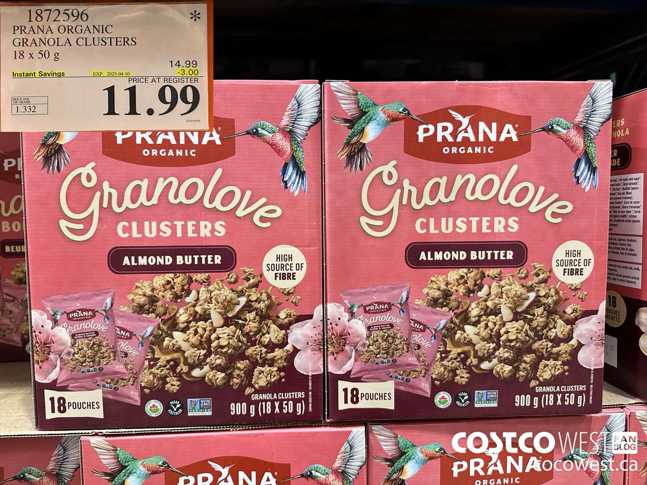 1872596 PRANA ORGANIC GRANOLA CLUSTERS 18 X 50G ($3.00 INSTANT SAVINGS EXPIRES ON 2025-04-10) $11.99