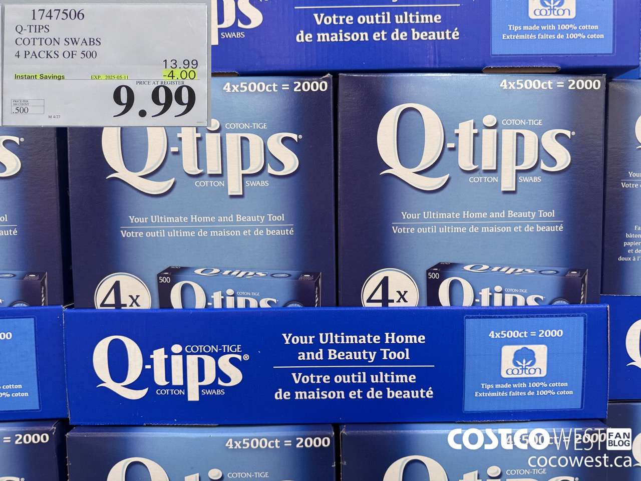 1747506 Q-TIPS COTTON SWABS 4 PACKS OF 500 ($4.00 INSTANT SAVINGS EXPIRES ON 2025-05-11) $9.99