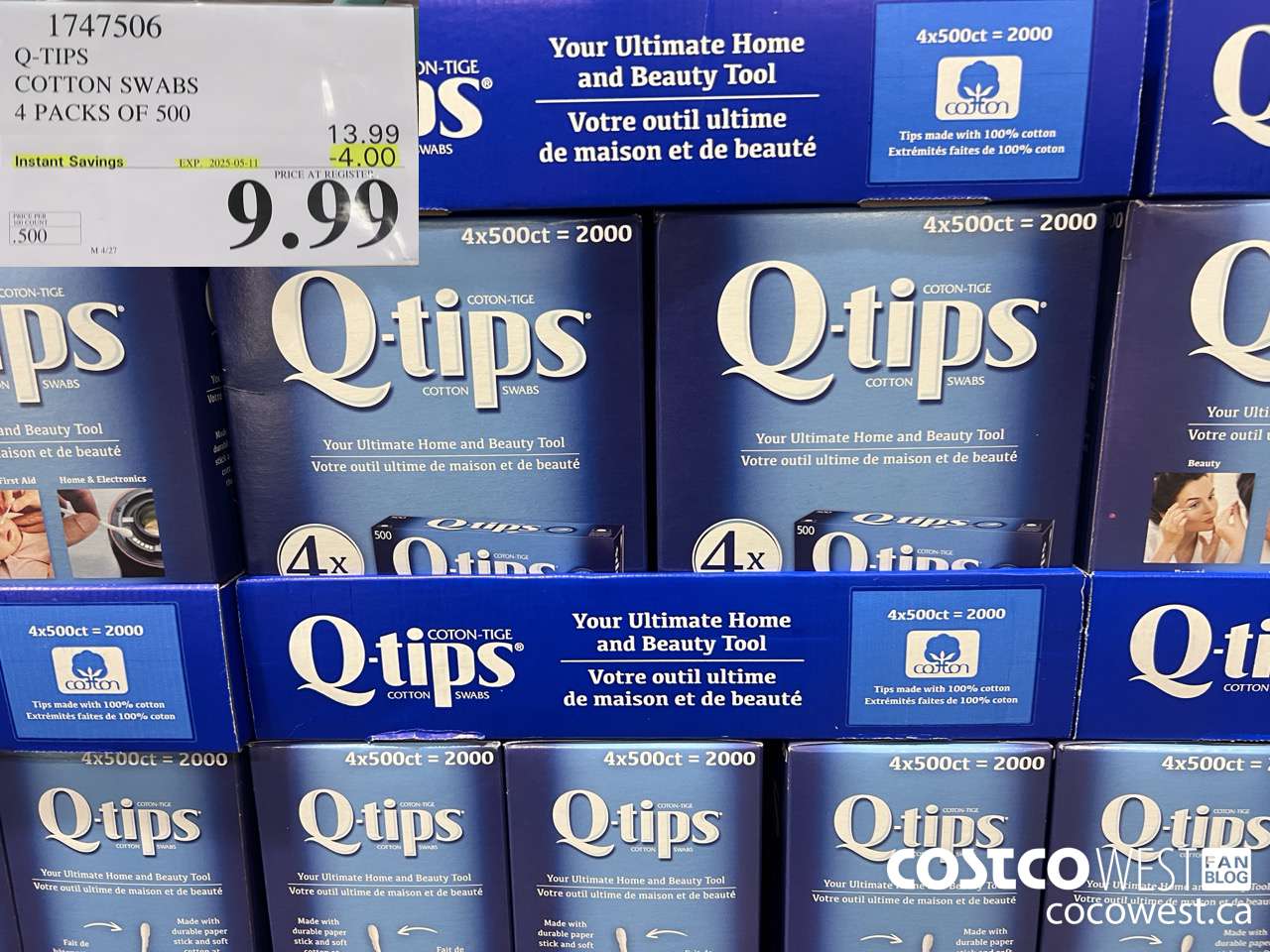 1747506 Q-TIPS COTTON SWABS 4 PACKS OF 500 ($4.00 INSTANT SAVINGS EXPIRES ON 2025-05-11) $9.99