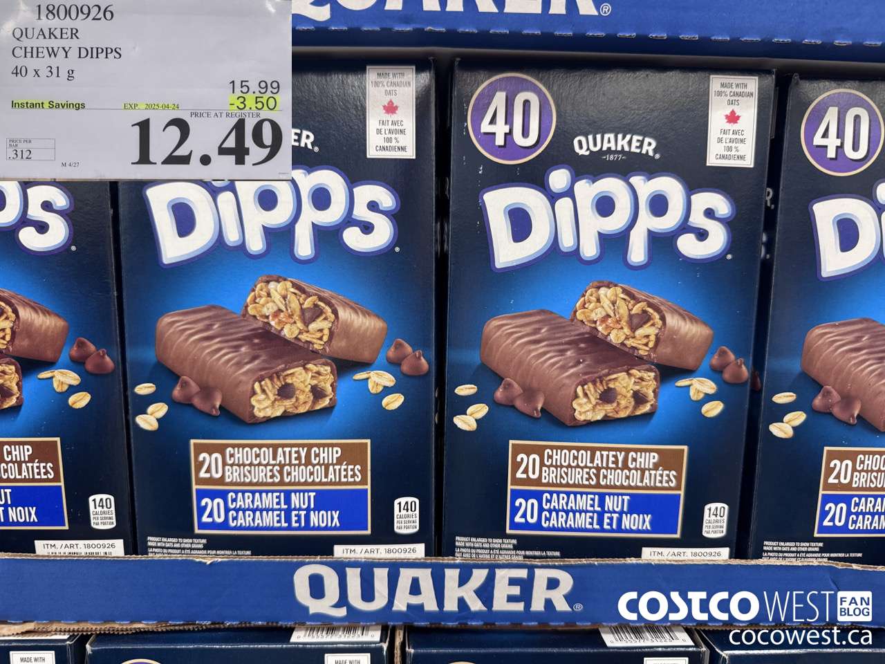1800926 QUAKER CHEWY DIPPS 40 X 31 G ($3.50 INSTANT SAVINGS EXPIRES ON 2025-04-24) $12.49