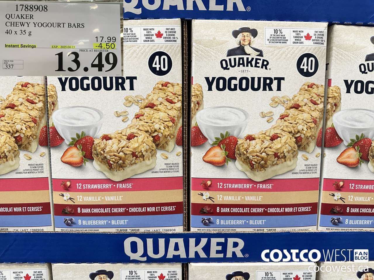 1788908 QUAKER CHEWY YOGOURT BARS 40 X 35 G ($4.50 INSTANT SAVINGS EXPIRES ON 2025-04-13) $13.49