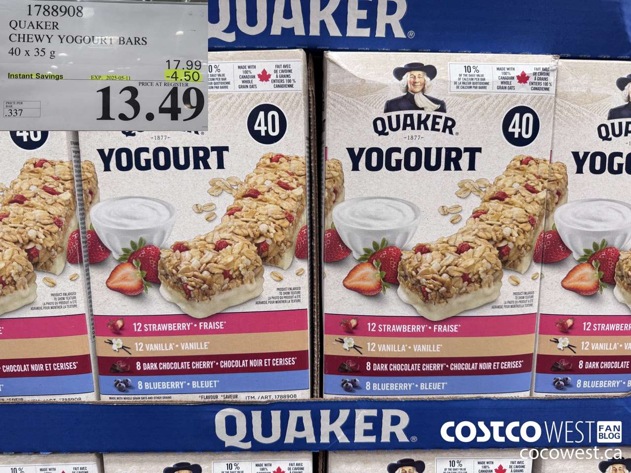 1788908 QUAKER CHEWY YOGOURT BARS 40 X 35 G ($4.50 INSTANT SAVINGS EXPIRES ON 2025-05-11) $13.49