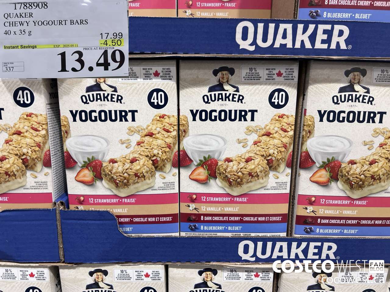 1788908 QUAKER CHEWY YOGOURT BARS 40 X 35 G ($4.50 INSTANT SAVINGS EXPIRES ON 2025-05-11) $13.49