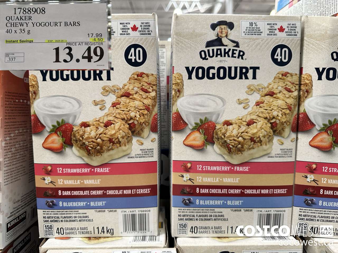 1788908 QUAKER CHEWY YOGOURT BARS 40 X 35 G ($4.50 INSTANT SAVINGS EXPIRES ON 2025-05-11) $13.49