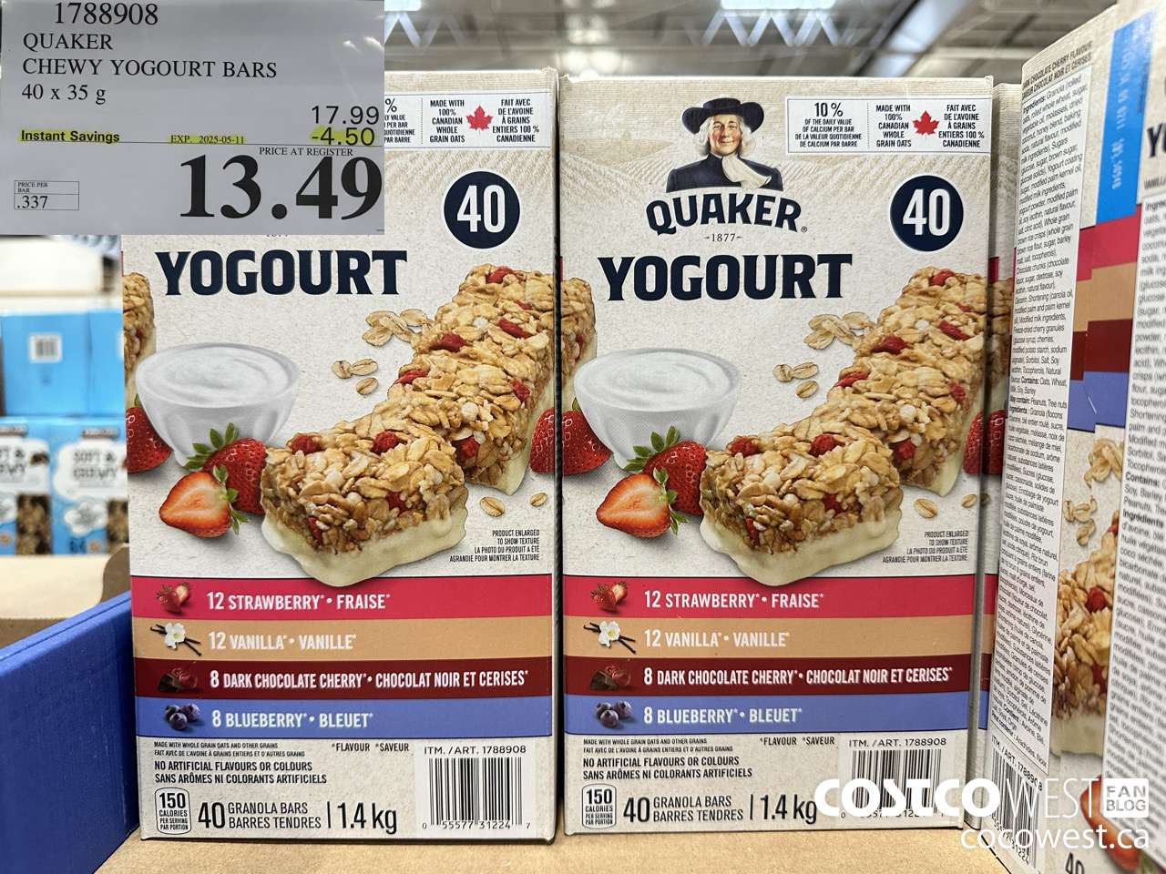 1788908 QUAKER CHEWY YOGOURT BARS 40 X 35 G ($4.50 INSTANT SAVINGS EXPIRES ON 2025-05-11) $13.49