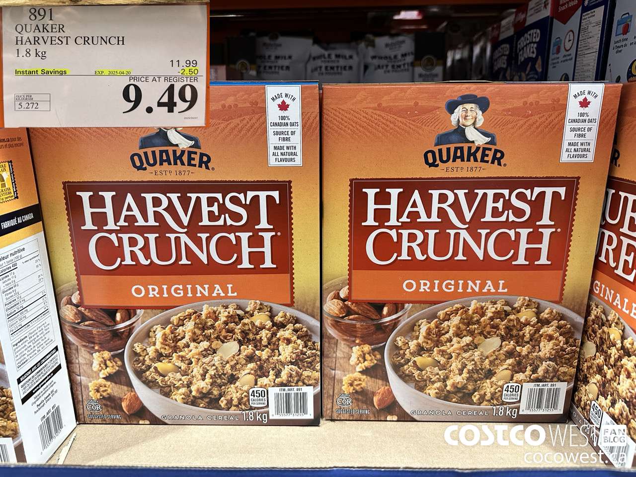 891 QUAKER HARVEST CRUNCH 1.8 KG ($2.50 INSTANT SAVINGS EXPIRES ON 2025-04-20) $9.49