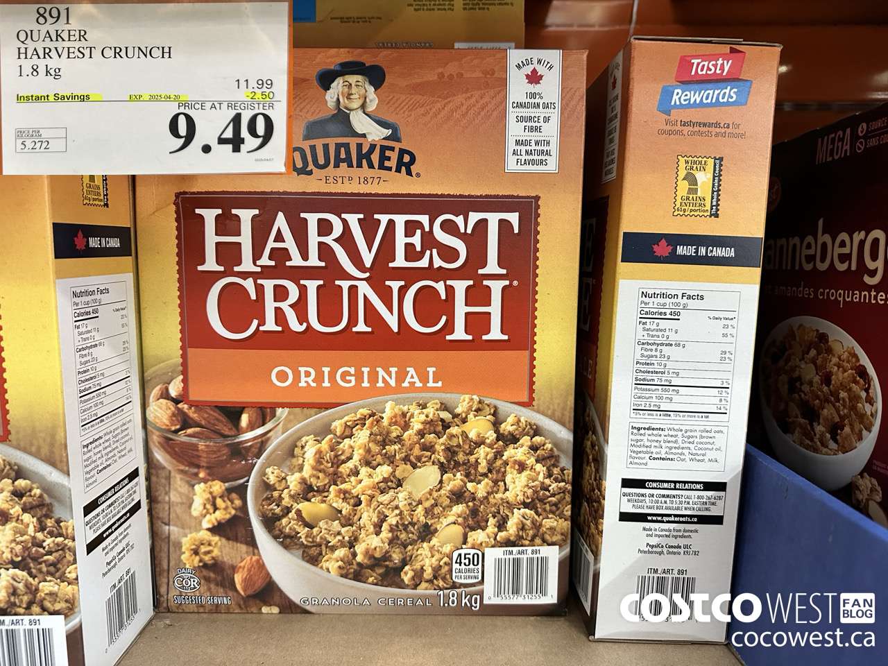 891 QUAKER HARVEST CRUNCH 1.8 KG ($2.50 INSTANT SAVINGS EXPIRES ON 2025-04-20) $9.49