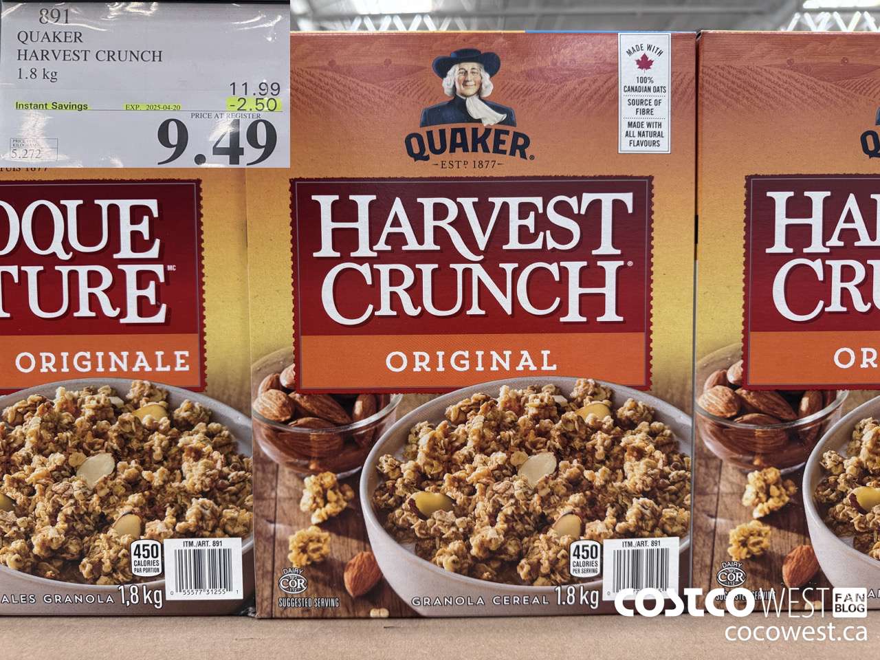891 QUAKER HARVEST CRUNCH 1.8 KG ($2.50 INSTANT SAVINGS EXPIRES ON 2025-04-20) $9.49