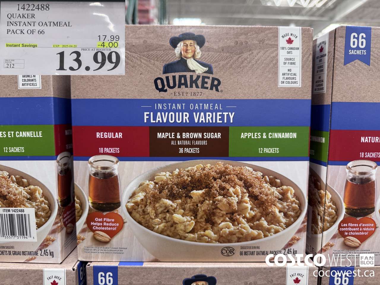 1422488 QUAKER INSTANT OATMEAL 66 COUNT ($4.00 INSTANT SAVINGS EXPIRES ON 2025-04-20) $13.99