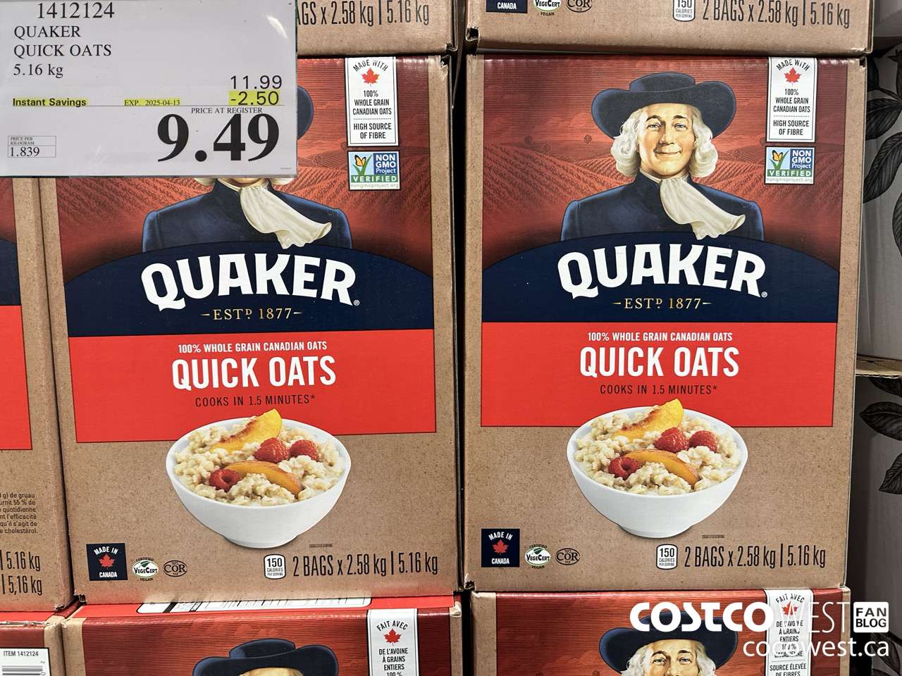 1412124 QUAKER QUICK OATS 5.16 kg ($2.50 INSTANT SAVINGS EXPIRES ON 2025-04-13) $9.49