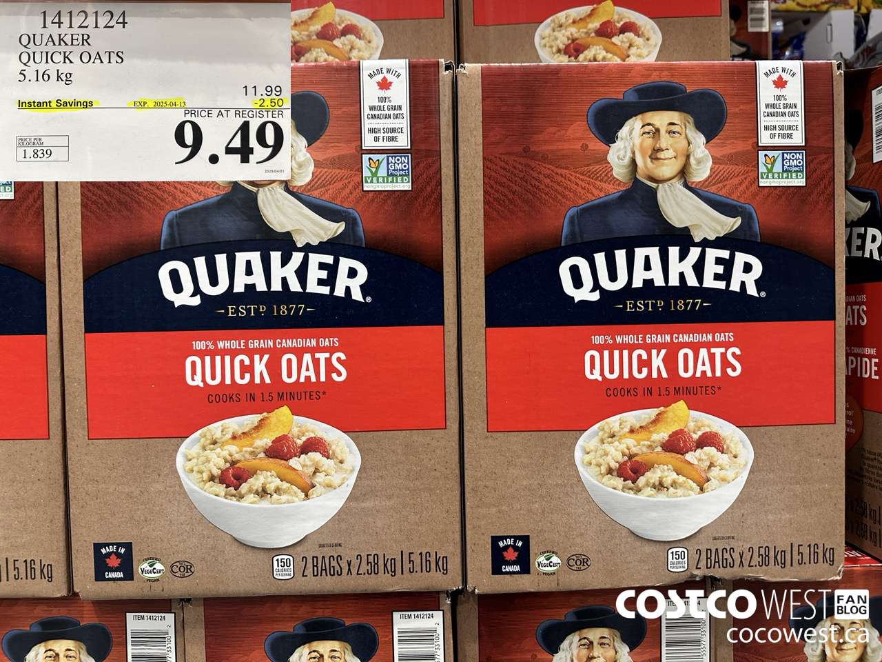 1412124 QUAKER QUICK OATS 5.16 kg ($2.50 INSTANT SAVINGS EXPIRES ON 2025-04-13) $9.49