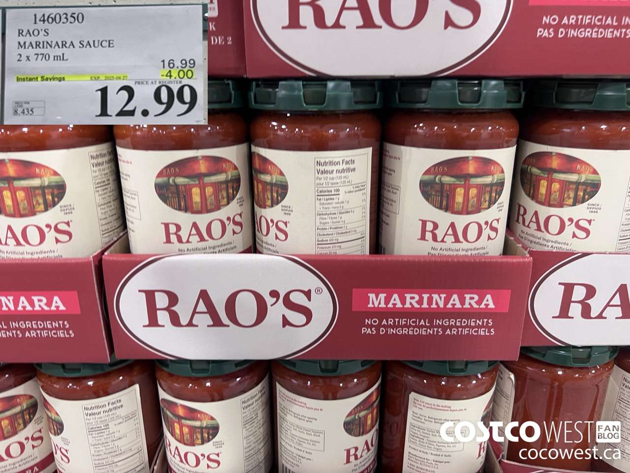 1460350 RAO'S MARINARA SAUCE 2 x 770mL ($4.00 INSTANT SAVINGS EXPIRES ON 2025-04-27) $12.99