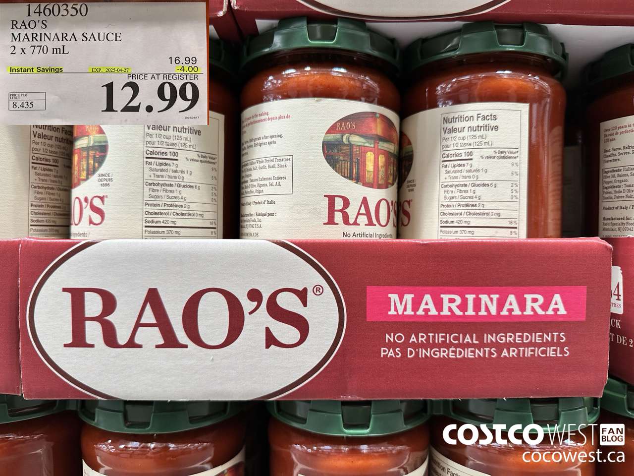 1460350 RAO'S MARINARA SAUCE 2 x 770mL ($4.00 INSTANT SAVINGS EXPIRES ON 2025-04-27) $12.99