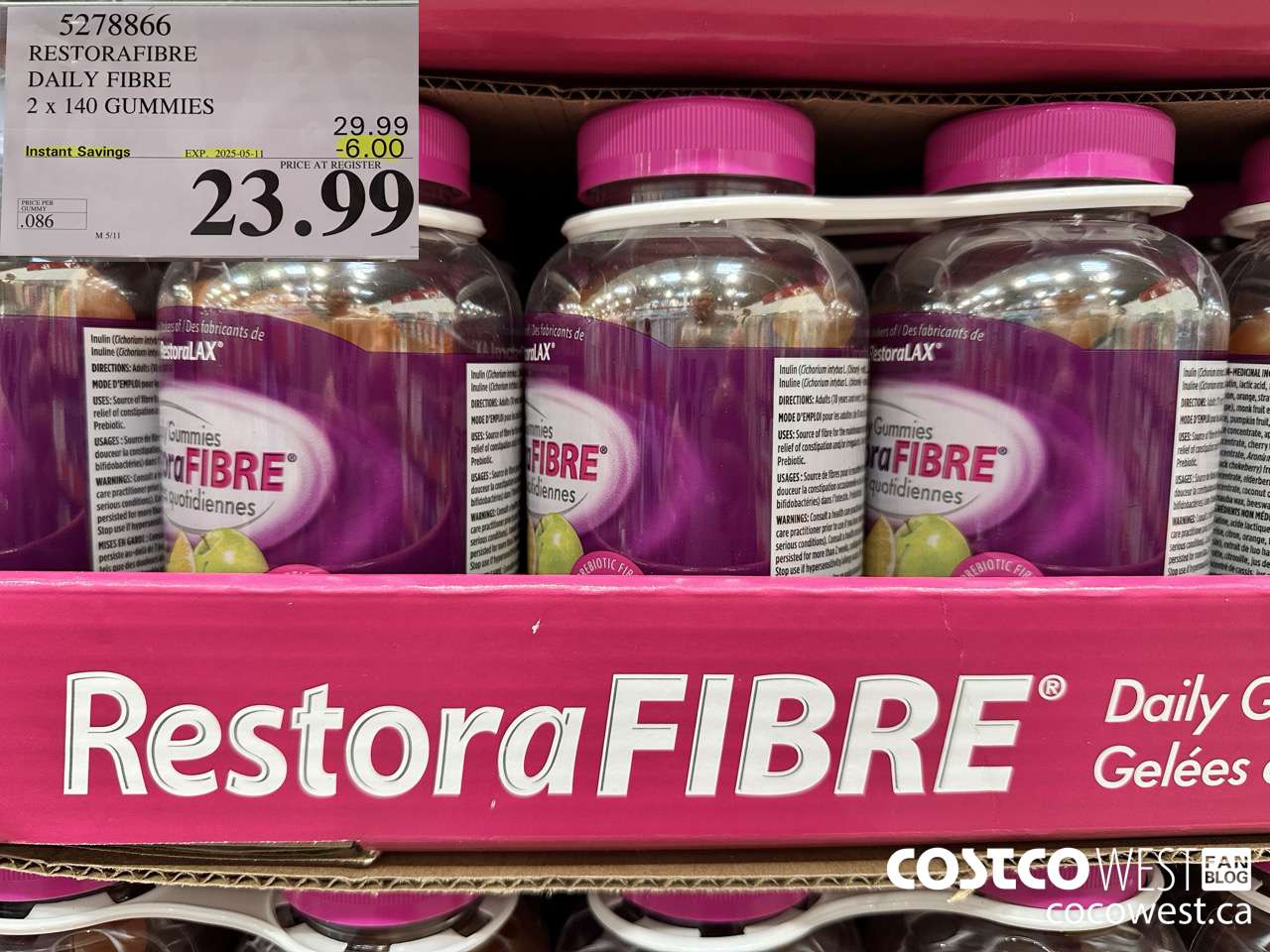 5278866 RESTORAFIBRE DAILY FIBRE 2 X 140 GUMMIES ($6.00 INSTANT SAVINGS EXPIRES ON 2025-05-11) $23.99