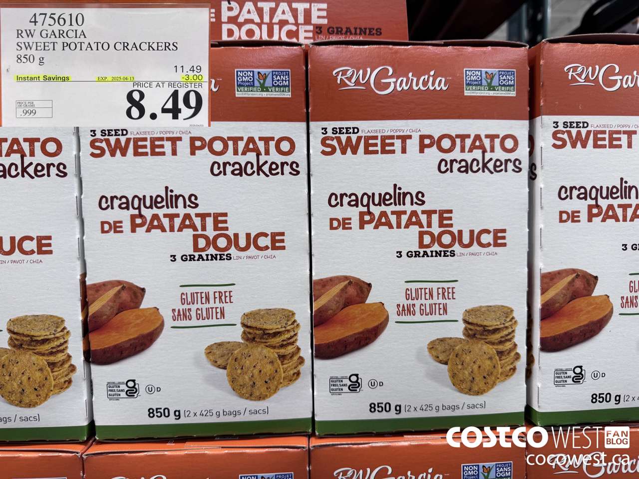 475610 RW GARCIA SWEET POTATO CRACKERS 850 g ($3.00 INSTANT SAVINGS EXPIRES ON 2025-04-13) $8.49