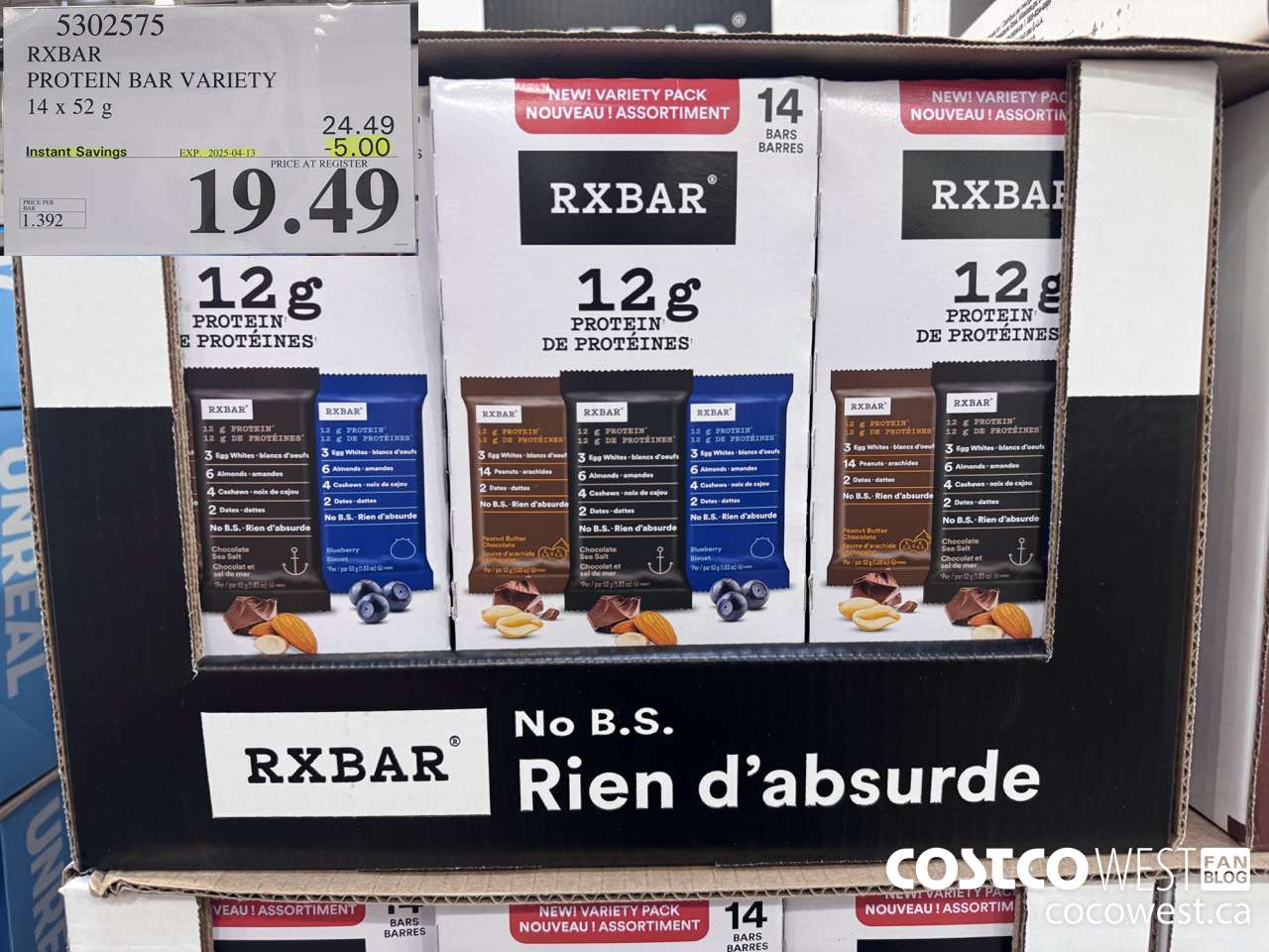 5302575 RXBAR PROTEIN BAR VARIETY 14 X 52G ($5.00 INSTANT SAVINGS EXPIRES ON 2025-04-13) $19.49