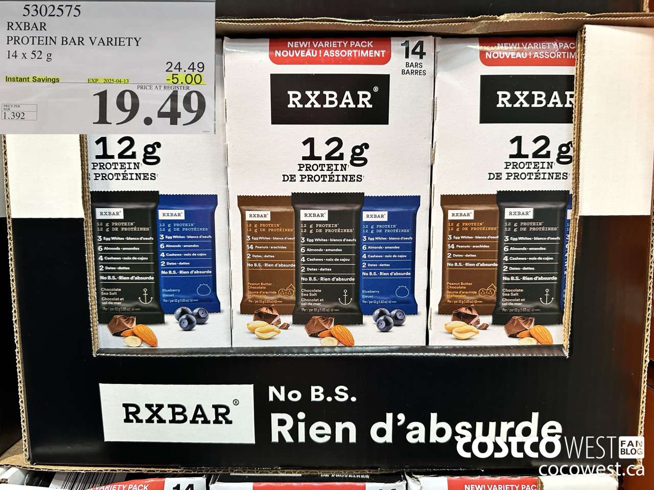 5302575 RXBAR PROTEIN BAR VARIETY 14 X 52G ($5.00 INSTANT SAVINGS EXPIRES ON 2025-04-13) $19.49