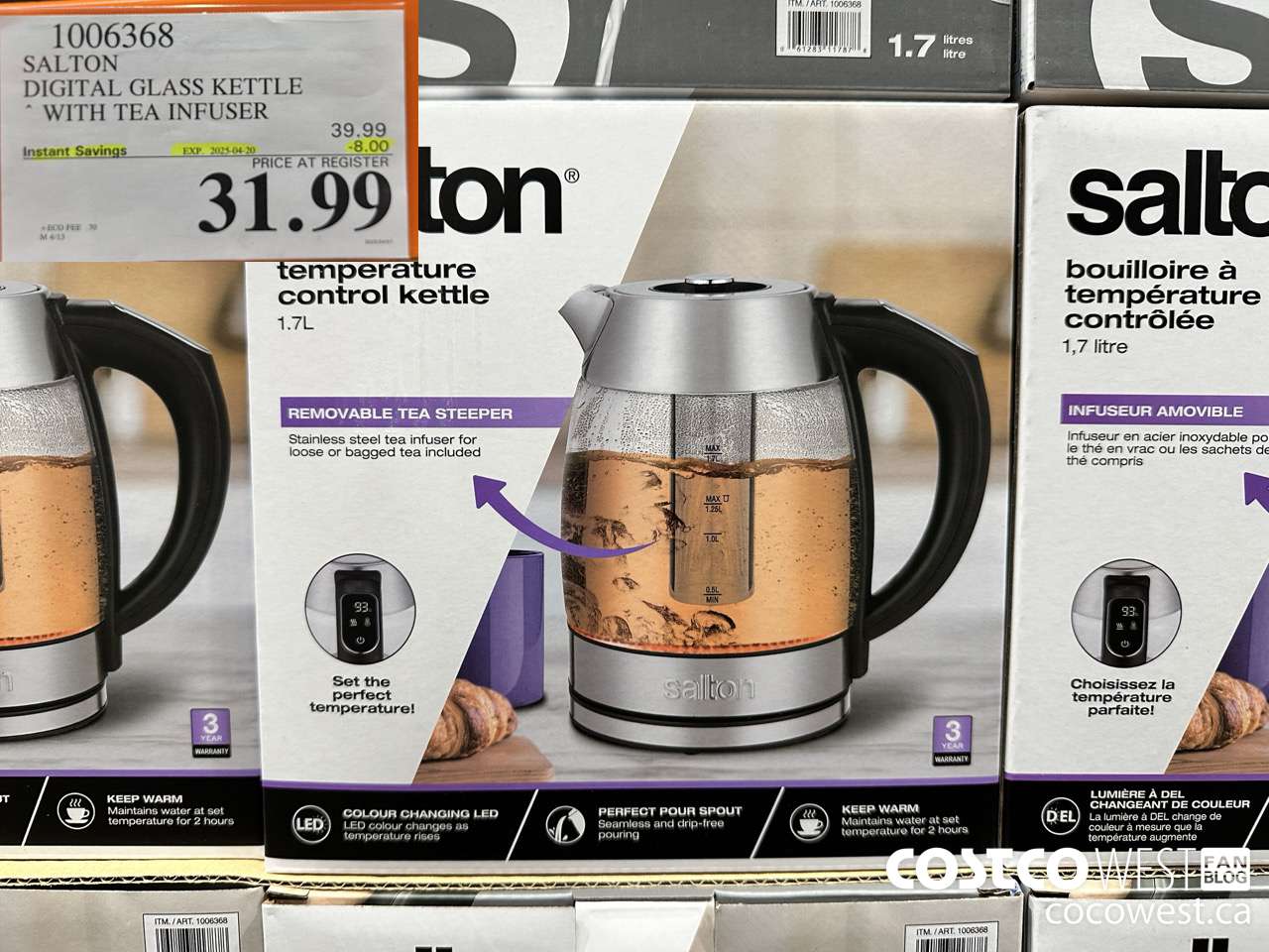 1006368 SALTON DIGITAL GLASS KETTLE WITH TEA INFUSER ($8.00 INSTANT SAVINGS EXPIRES ON 2025-04-20) $31.99