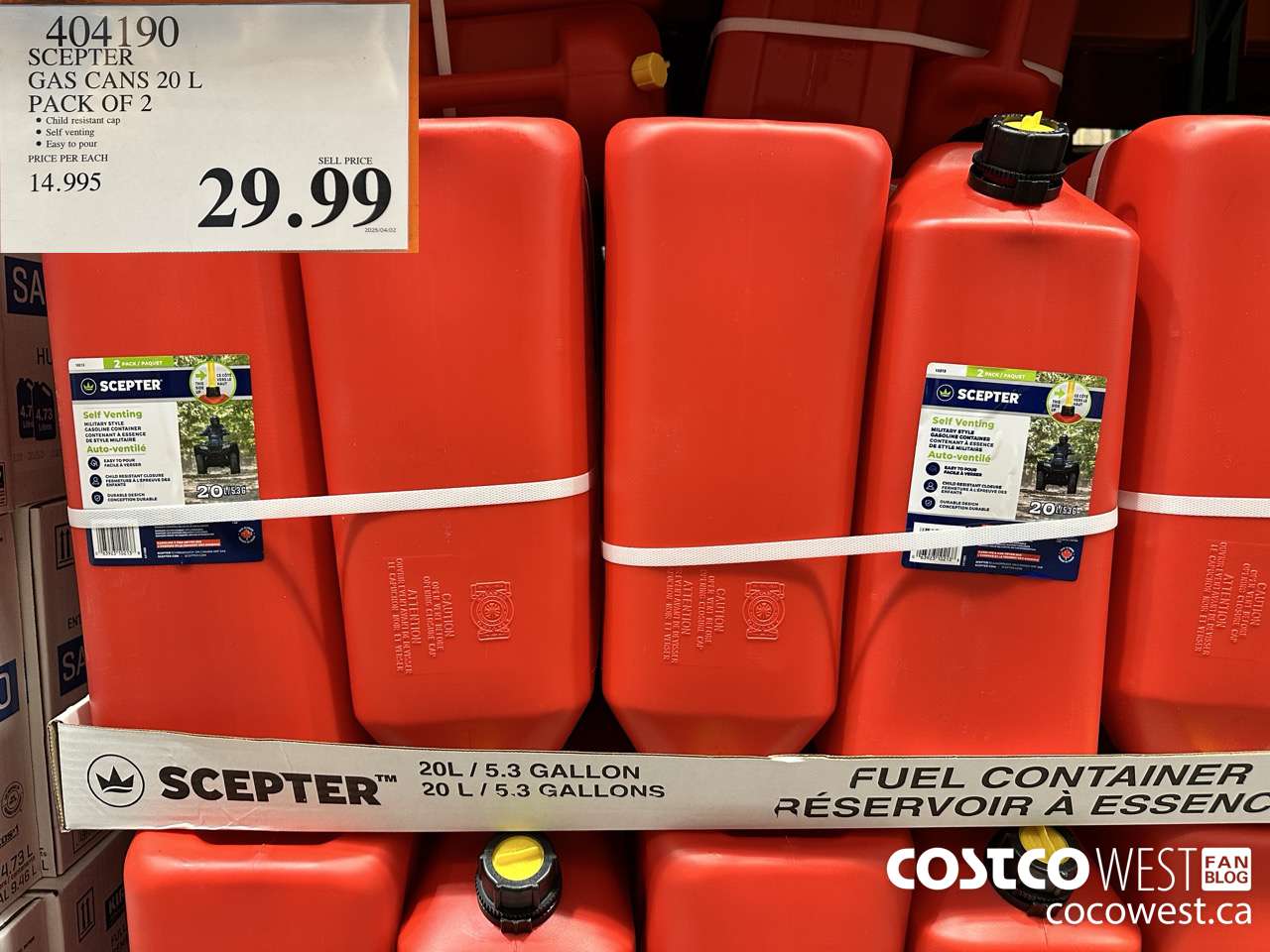 404190 SCEPTER GAS CANS 20 L PACK OF 2 $29.99