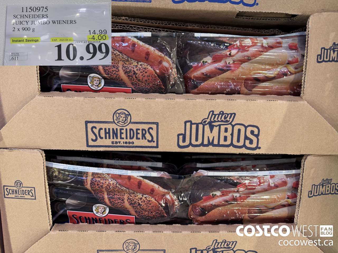 1150975 SCHNEIDERS JUICY JUMBO WIENERS 2 x 900 g ($4.00 INSTANT SAVINGS EXPIRES ON 2025-04-13) $10.99