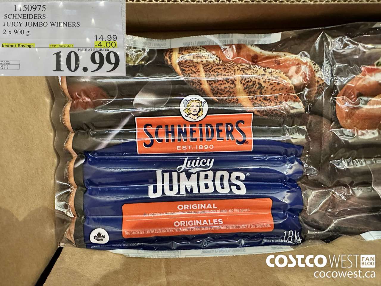 1150975 SCHNEIDERS JUICY JUMBO WIENERS 2 x 900 g ($4.00 INSTANT SAVINGS EXPIRES ON 2025-04-13) $10.99