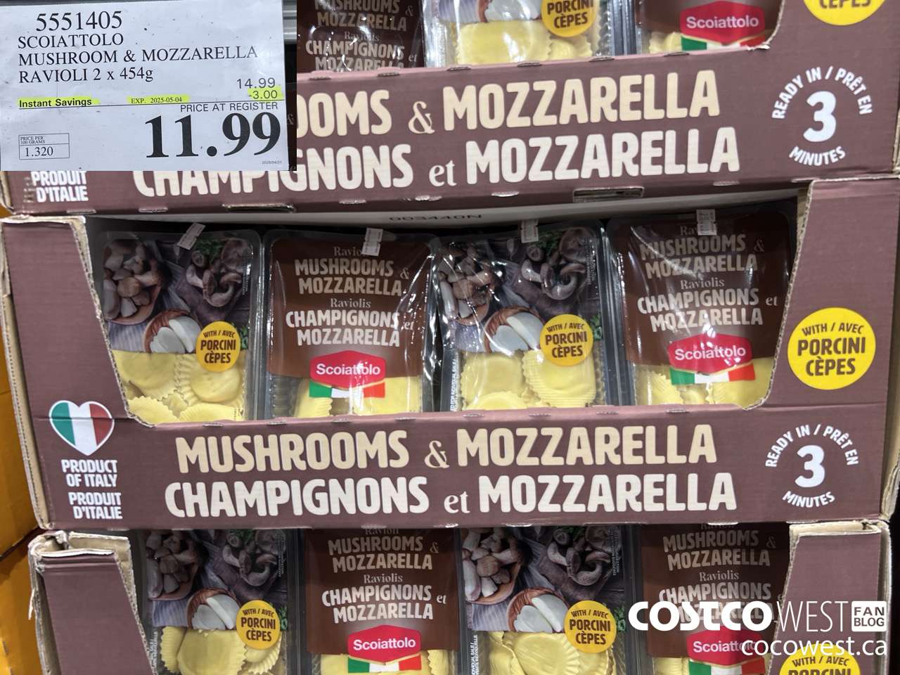 5551405 SCOIATTOLO MUSHROOM & MOZZARELLA RAVIOLI 2 X 454G ($3.00 INSTANT SAVINGS EXPIRES ON 2025-05-04) $11.99