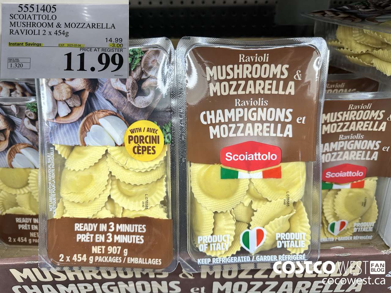 5551405 SCOIATTOLO MUSHROOM & MOZZARELLA RAVIOLI 2 X 454G ($3.00 INSTANT SAVINGS EXPIRES ON 2025-05-04) $11.99