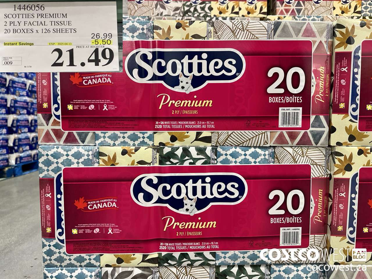 1446056 SCOTTIES PREMIUM 2 PLY FACIAL TISSUE 20 BOXES x 126 SHEETS ($5.50 INSTANT SAVINGS EXPIRES ON 2025-04-13) $21.49