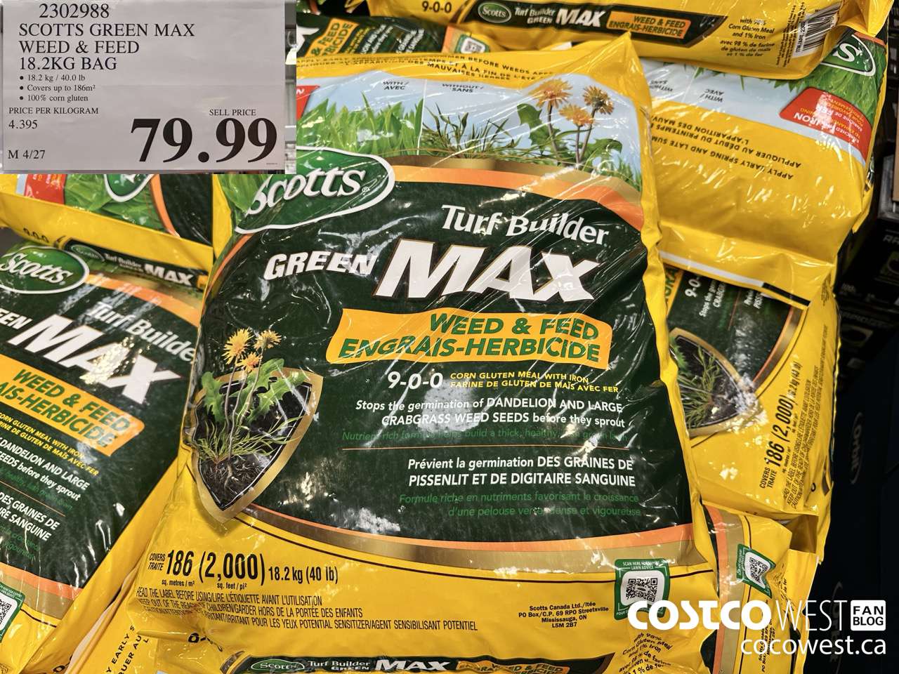 2302988 SCOTTS GREEN MAX WEED & FEED 18.2 KG BAG $79.99