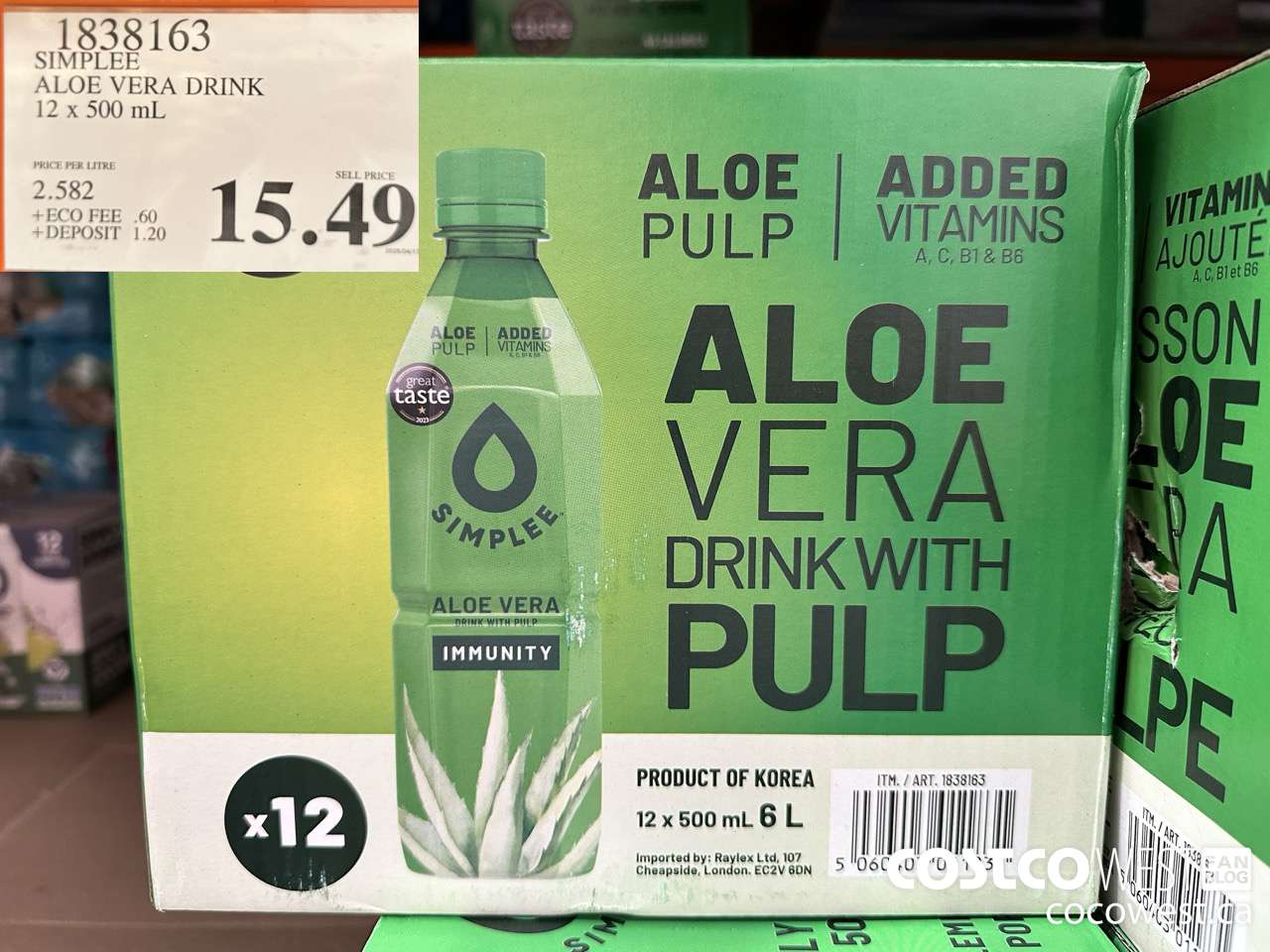 1838163 SIMPLEE ALOE VERA DRINK 12 X 500ML $15.49