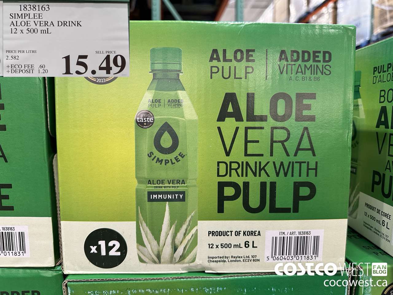 1838163 SIMPLEE ALOE VERA DRINK 12 X 500ML $15.49