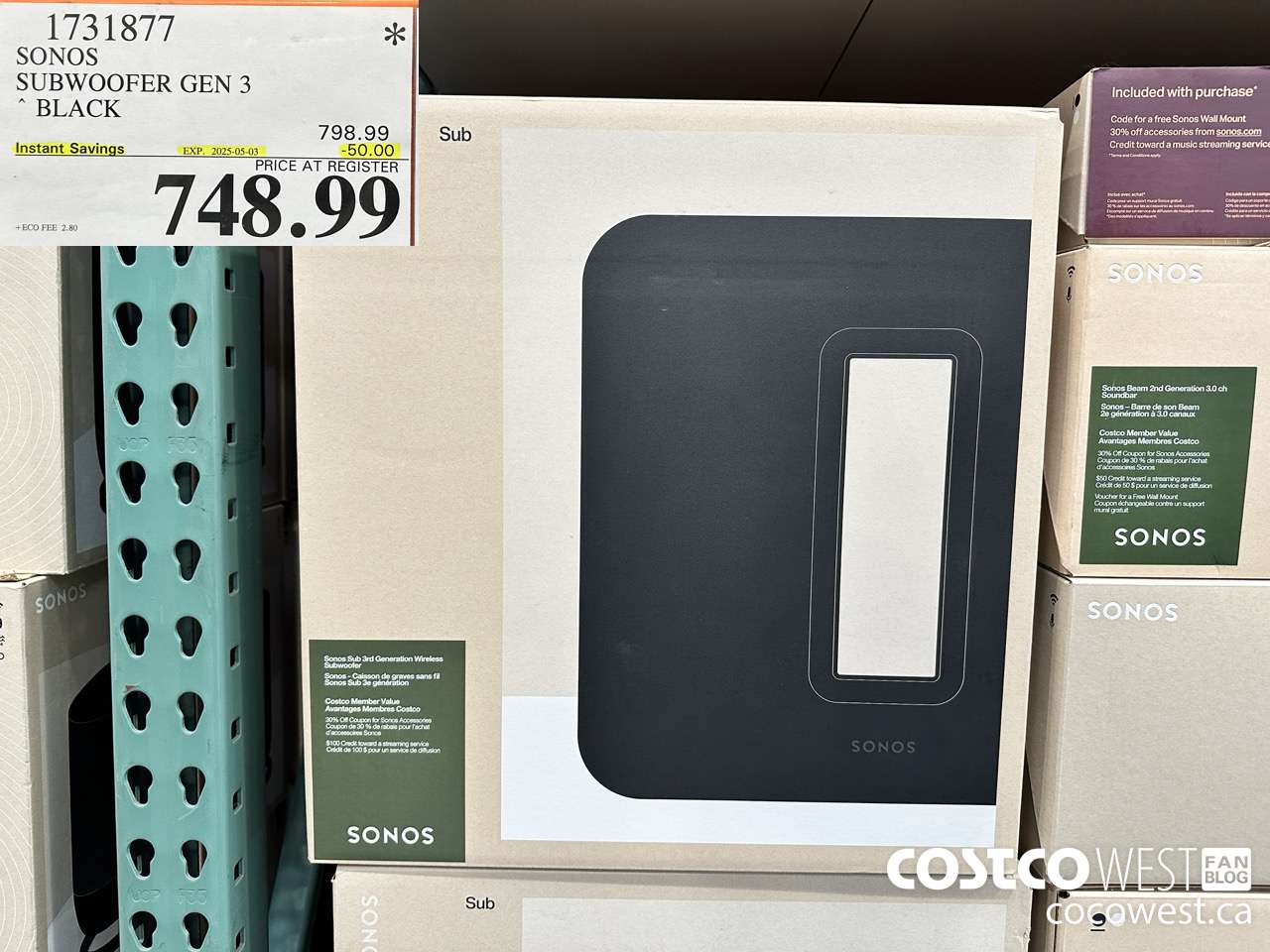 1731877 SONOS SUB (GEN 3) WIRELESS SUBWOOFER ($50.00 INSTANT SAVINGS EXPIRES ON 2025-05-03) $748.99