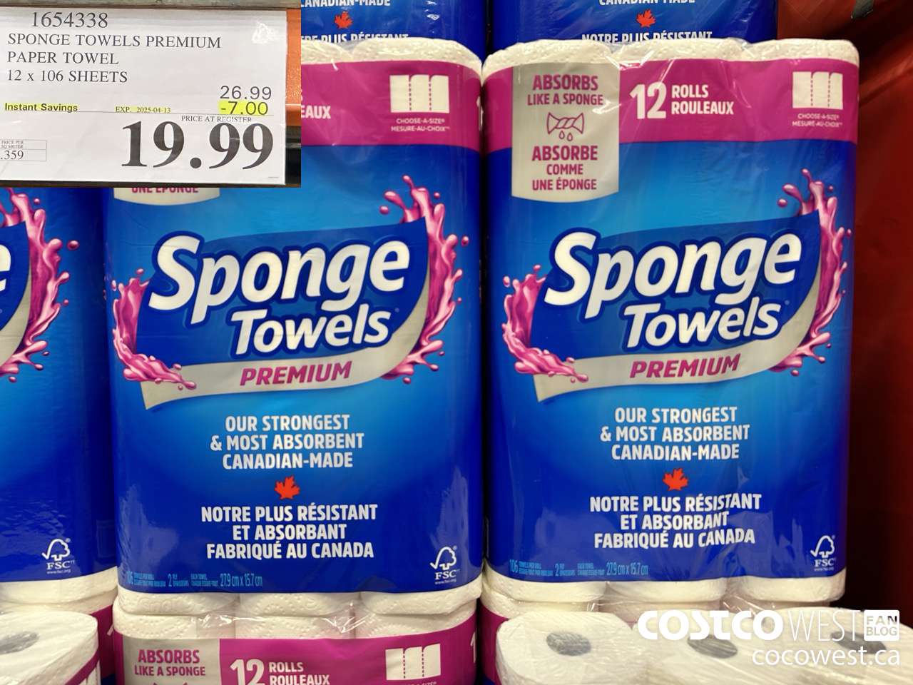 1654338 SPONGE TOWELS PREMIUM PAPER TOWEL 12 X 106 SHEETS ($7.00 INSTANT SAVINGS EXPIRES ON 2025-04-13) $19.99