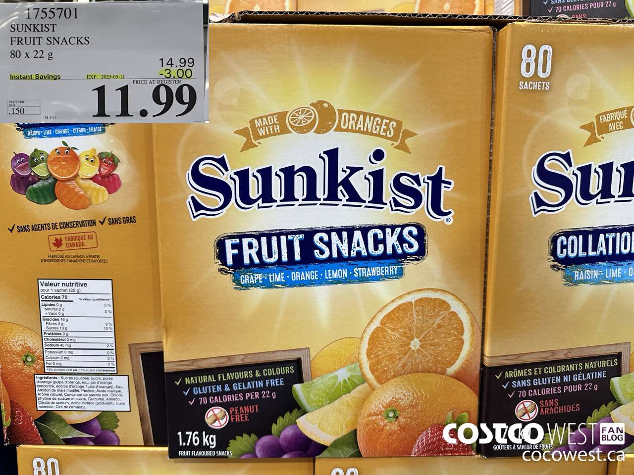 1755701 SUNKIST FRUIT SNACKS 80 X 22 G ($3.00 INSTANT SAVINGS EXPIRES ON 2025-05-11) $11.99