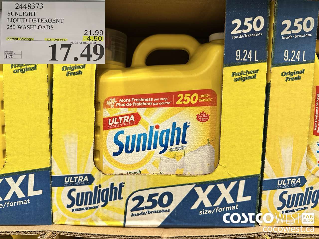 2448373 SUNLIGHT LIQUID DETERGENT 250 WASHLOADS ($4.50 INSTANT SAVINGS EXPIRES ON 2025-04-27) $17.49