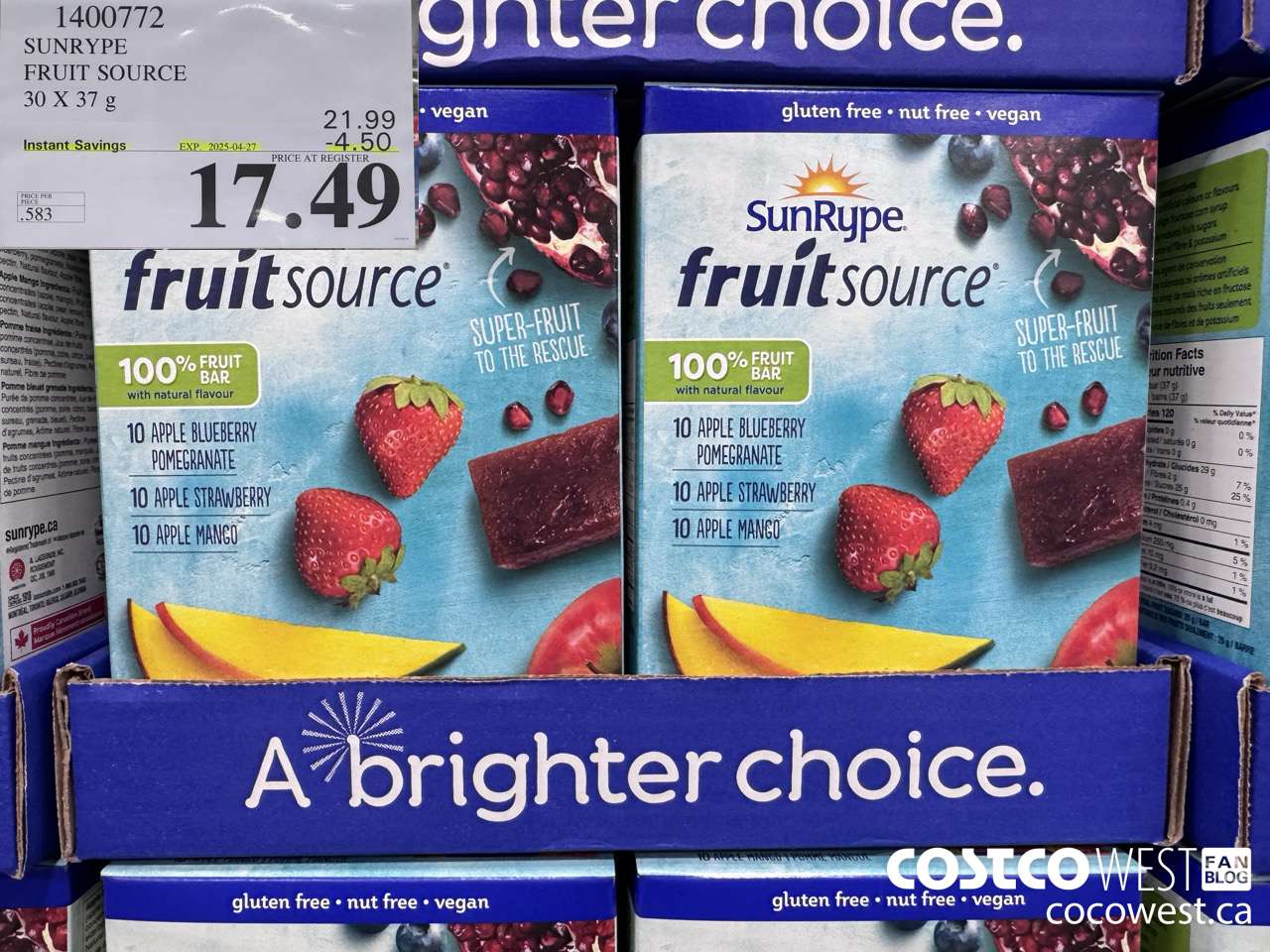 1400772 SUNRYPE FRUIT SOURCE 30 X 37 G ($4.50 INSTANT SAVINGS EXPIRES ON 2025-04-27) $17.49