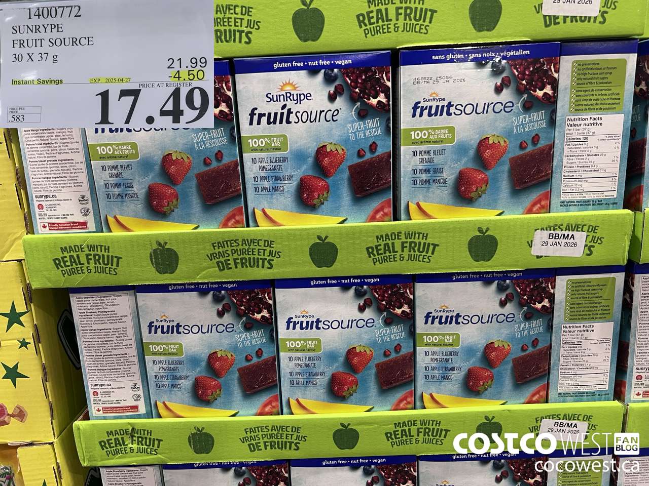 1400772 SUNRYPE FRUIT SOURCE 30 X 37 G ($4.50 INSTANT SAVINGS EXPIRES ON 2025-04-27) $17.49
