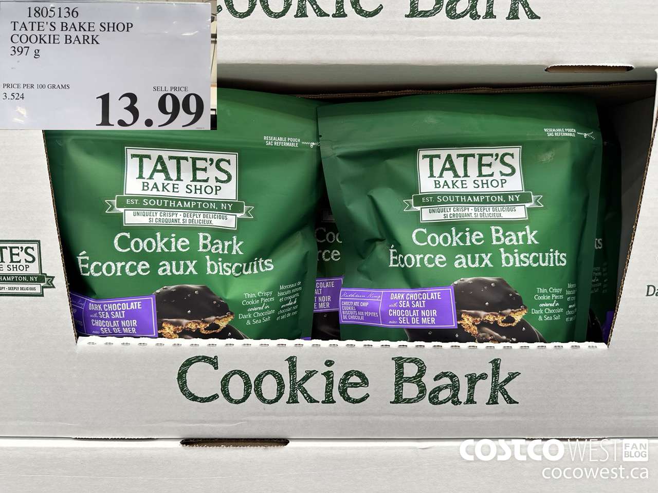 1805136 TATE'S BAKE SHOP COOKIE BARK 397G $13.99