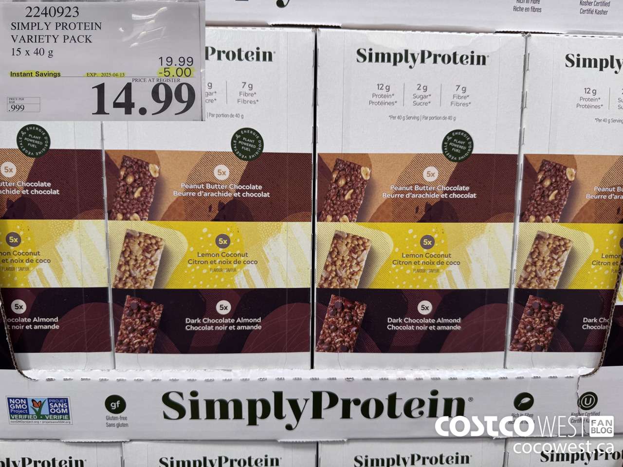 2240923 THE SIMPLY BAR PROTEIN BARS 15 x 40 g ($5.00 INSTANT SAVINGS EXPIRES ON 2025-04-13) $14.99