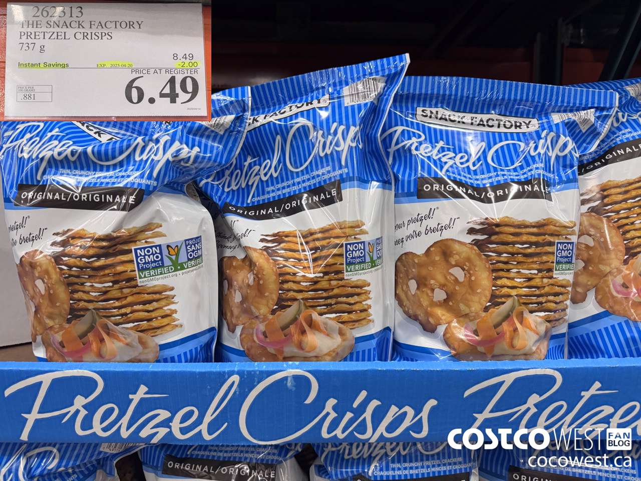 262313 THE SNACK FACTORY PRETZEL CRISPS 737 g ($2.00 INSTANT SAVINGS EXPIRES ON 2025-04-20) $6.49