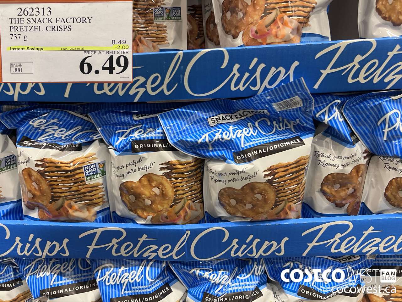 262313 THE SNACK FACTORY PRETZEL CRISPS 737 g ($2.00 INSTANT SAVINGS EXPIRES ON 2025-04-23) $6.49