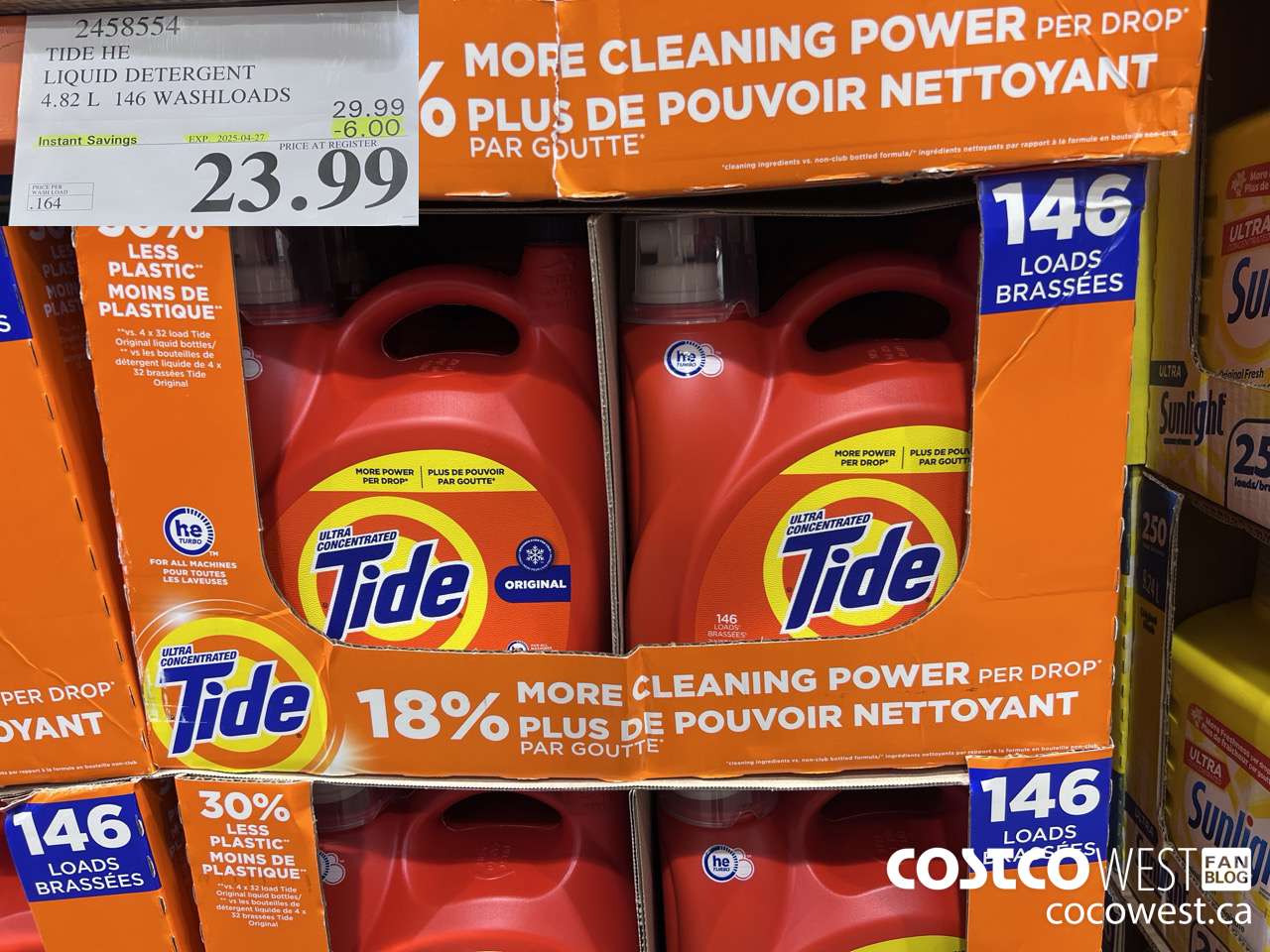 2458554 TIDE HE LIQUID DETERGENT 4.82 L 146 WASHLOADS ($6.00 INSTANT SAVINGS EXPIRES ON 2025-04-27) $23.99