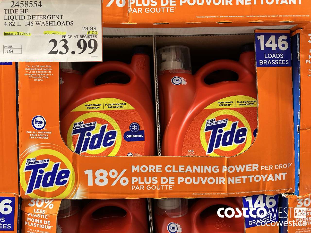 2458554 TIDE HE LIQUID DETERGENT 4.82 L 146 WASHLOADS ($6.00 INSTANT SAVINGS EXPIRES ON 2025-04-27) $23.99