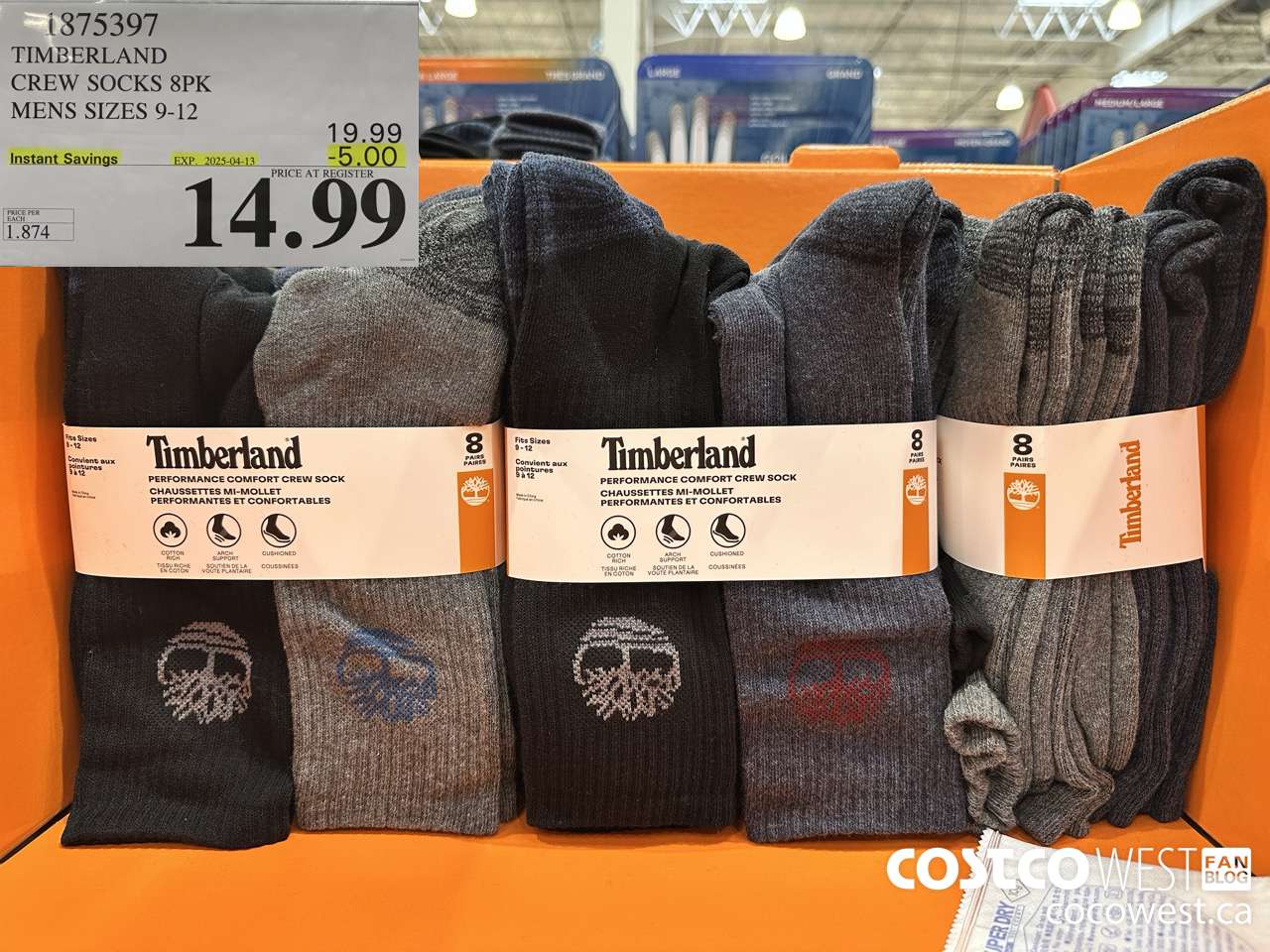 1875397 TIMBERLAND CREW SOCKS 8PK MENS SIZES 9-12 ($5.00 INSTANT SAVINGS EXPIRES ON 2025-04-13) $14.99
