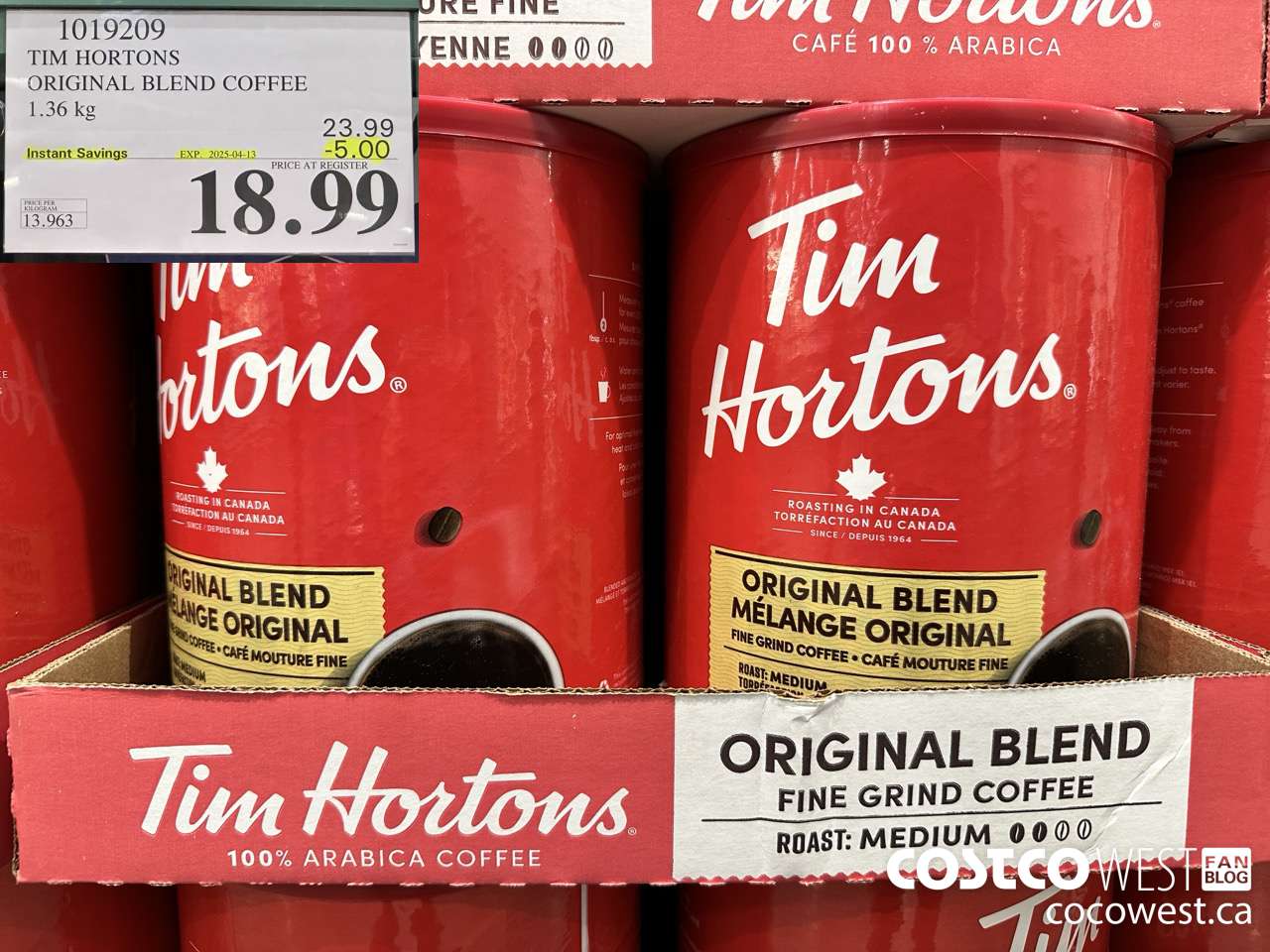 1019209 TIM HORTONS ORIGINAL BLEND COFFEE 1.36 KG ($5.00 INSTANT SAVINGS EXPIRES ON 2025-04-13) $18.99