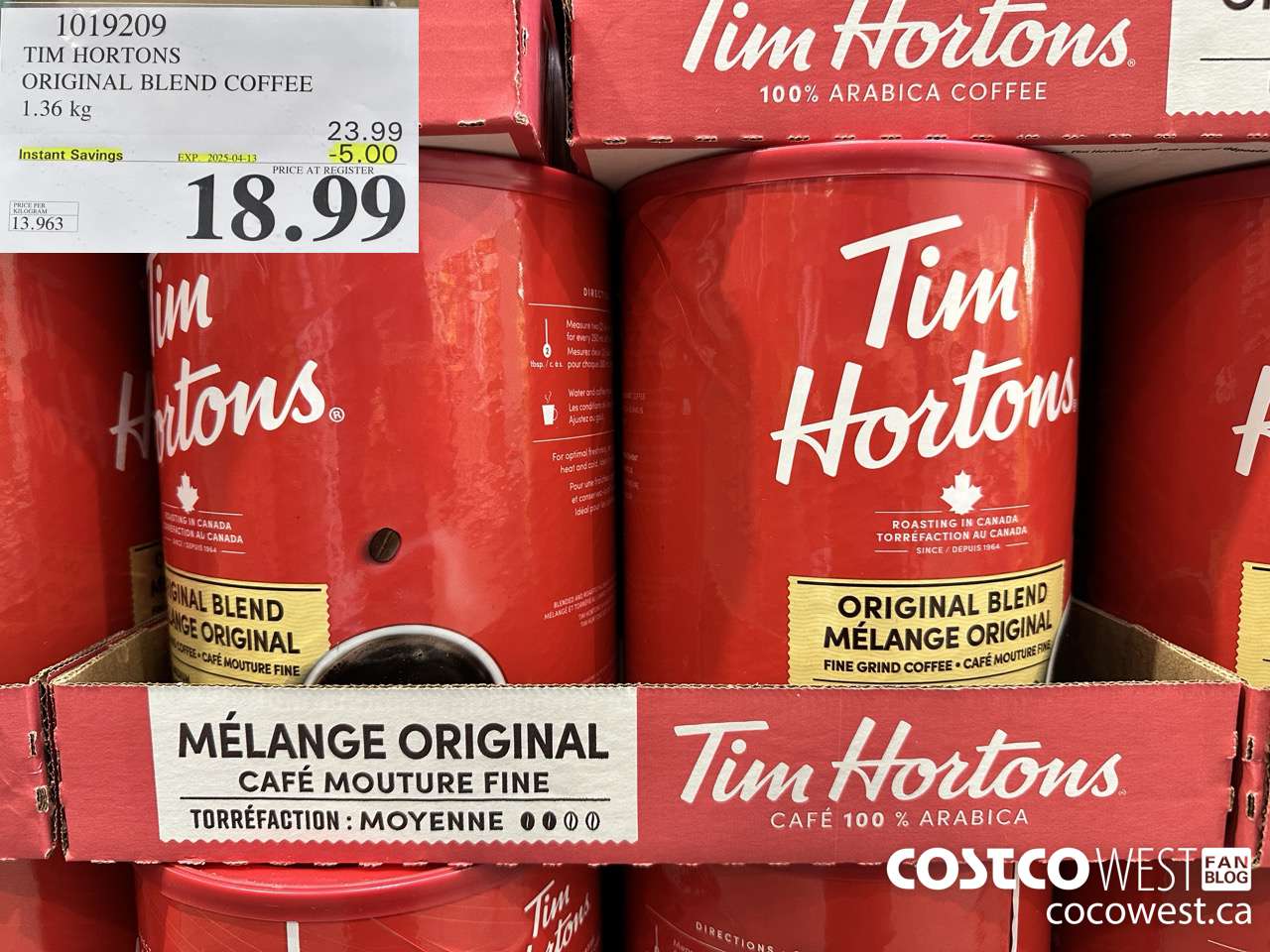 1019209 TIM HORTONS ORIGINAL BLEND COFFEE 1.36 KG ($5.00 INSTANT SAVINGS EXPIRES ON 2025-04-13) $18.99