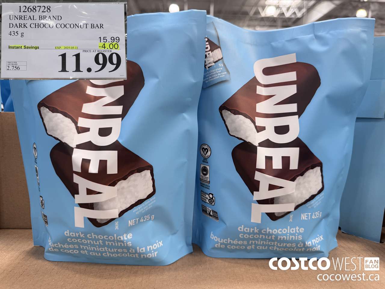 1268728 UNREAL DARK CHOCOLATE COCONUT BAR 435 G ($4.00 INSTANT SAVINGS EXPIRES ON 2025-05-11) $11.99
