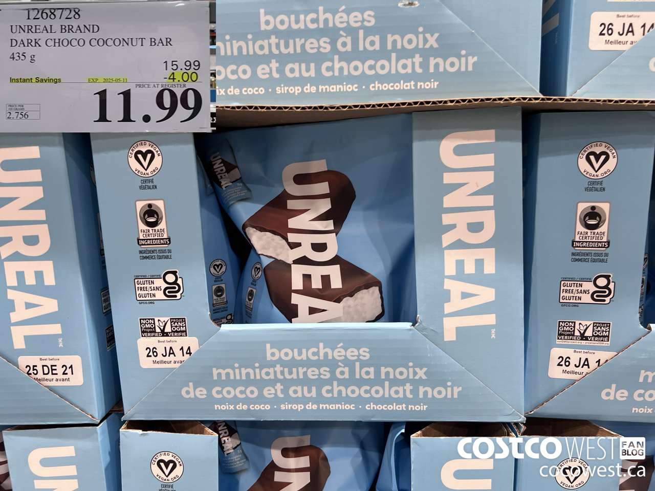 1268728 UNREAL DARK CHOCOLATE COCONUT BAR 435 G ($4.00 INSTANT SAVINGS EXPIRES ON 2025-05-11) $11.99