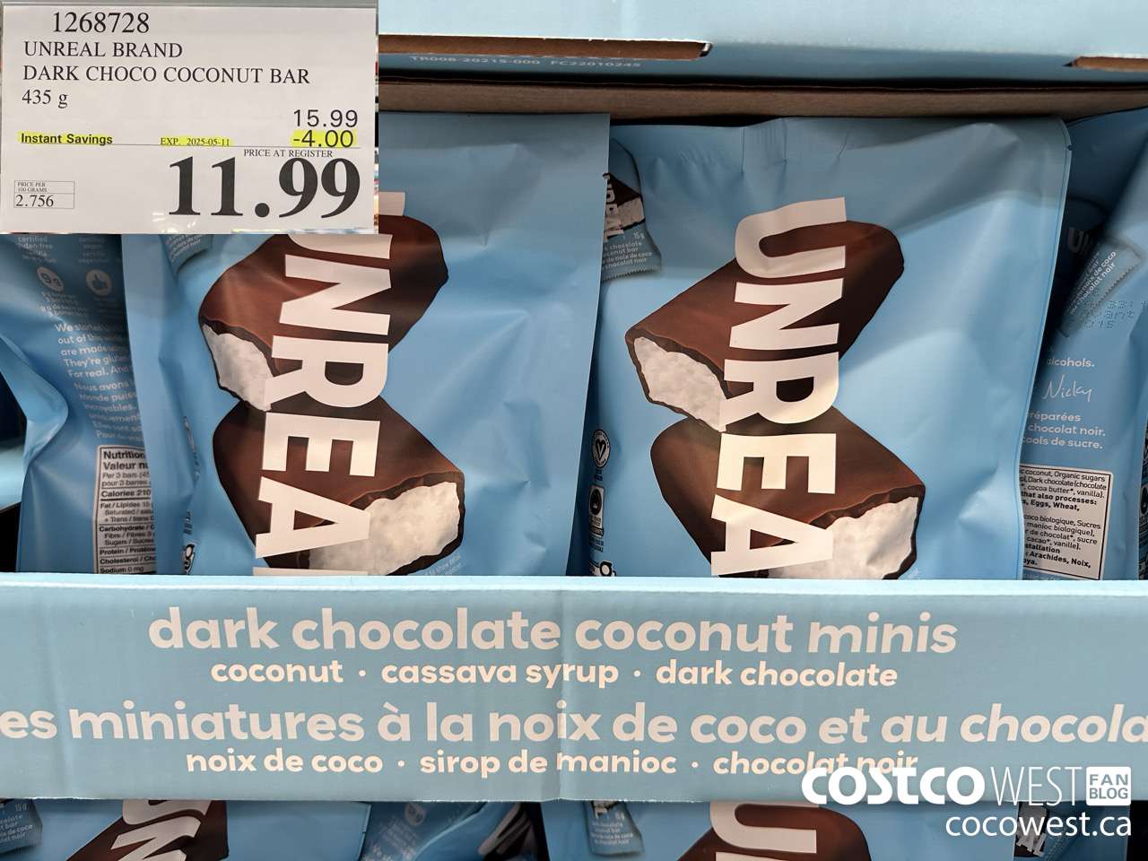 1268728 UNREAL DARK CHOCOLATE COCONUT BAR 435 G ($4.00 INSTANT SAVINGS EXPIRES ON 2025-05-11) $11.99