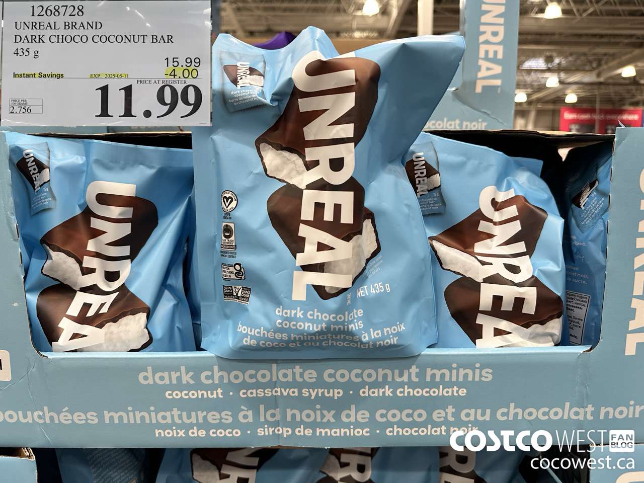 1268728 UNREAL DARK CHOCOLATE COCONUT BAR 435 G ($4.00 INSTANT SAVINGS EXPIRES ON 2025-05-11) $11.99
